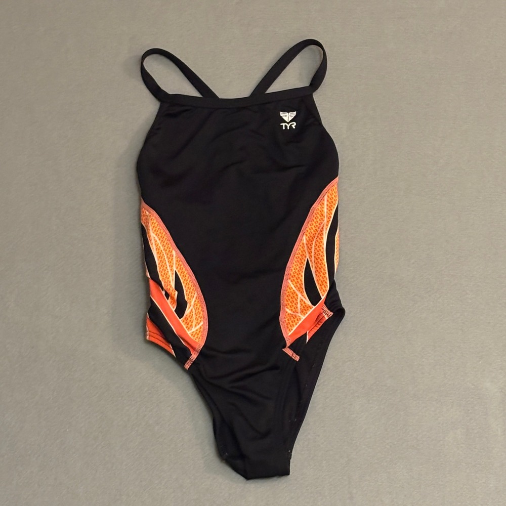TYR Womens One Piece Swimsuit Black Orange Graphic Performance Swim Small